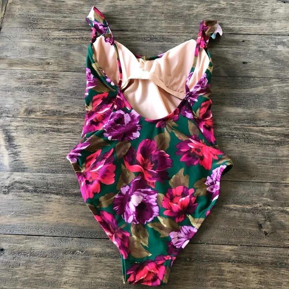 J Crew Womens XS Ruffle Trimâ One Piece Swimsuit Darn Green Floral Pink Lined - Picture 4 of 6